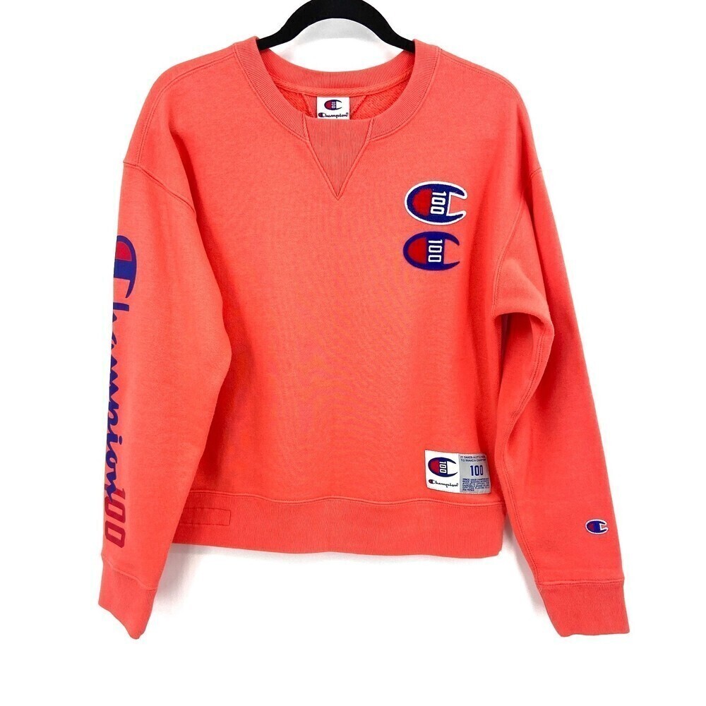 CHAMPION Salmon 100 Patch Pullover Crewneck Sweater Size Small